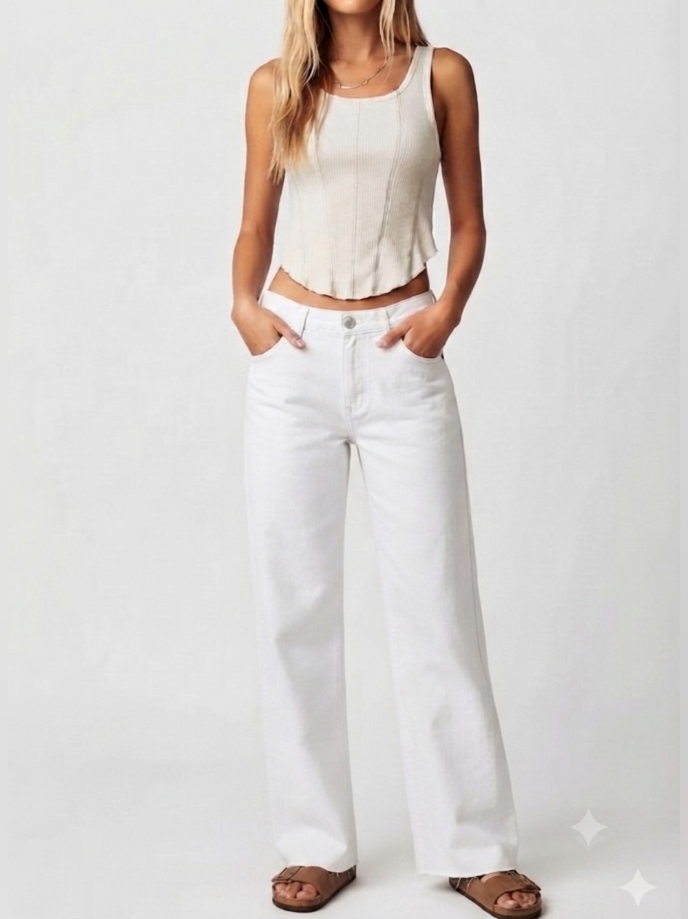 We The Free Free People Tinsley Baggy High Rise Straight Leg Jeans White 25